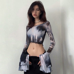 Futuristic Flare Sleeves Mesh Top