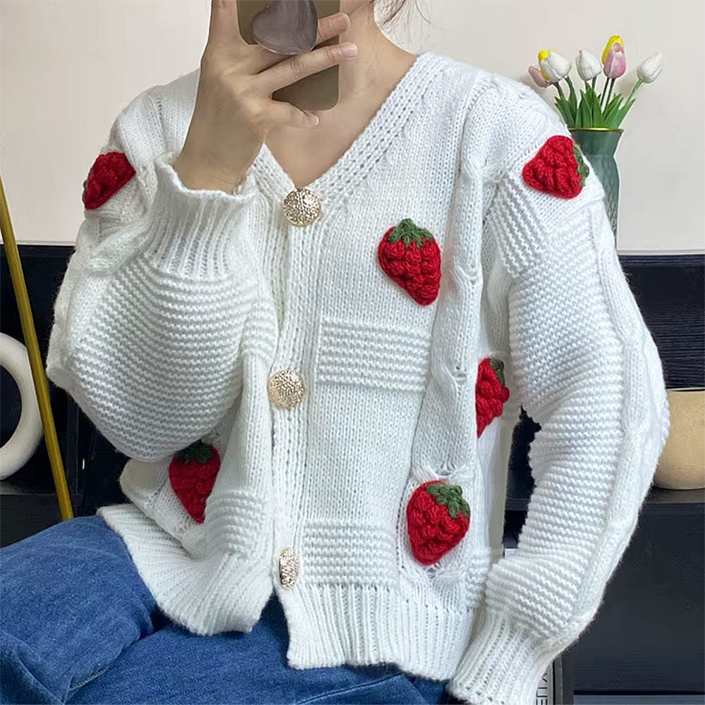 3D Strawberry Pattern Cardigan
