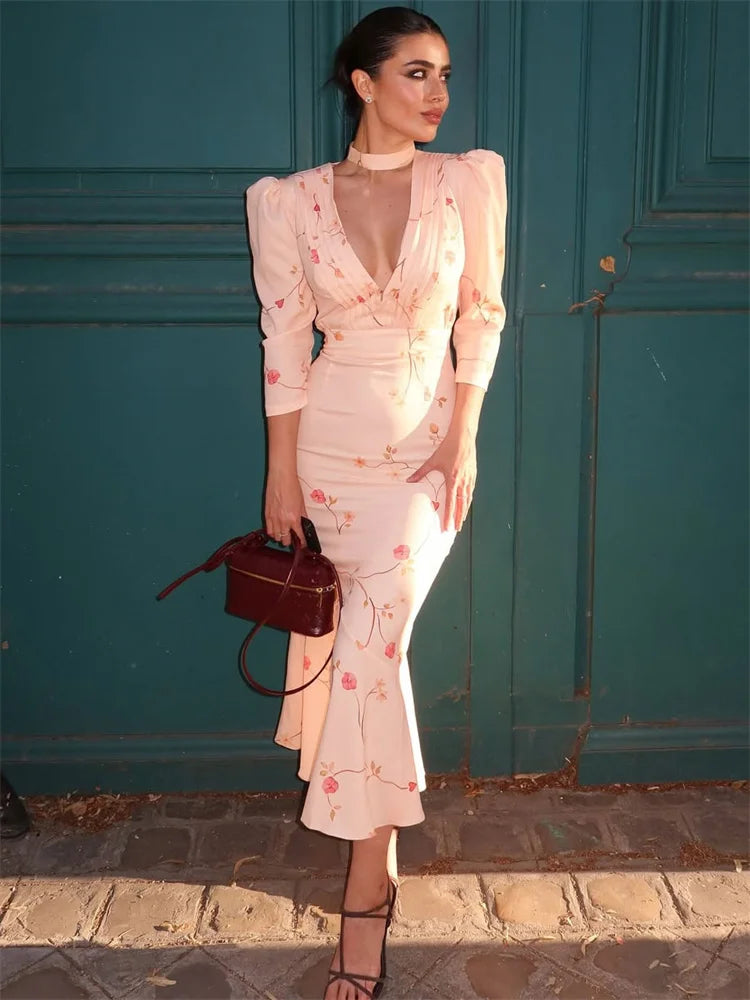 Cottagecore V-Neck Midi Dress