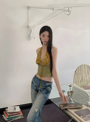 Floral Tie Front Halter Crop Top