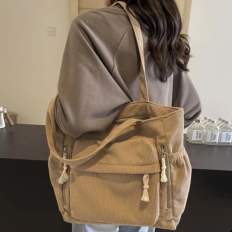 Multi Pocket Corduroy Tote Bag