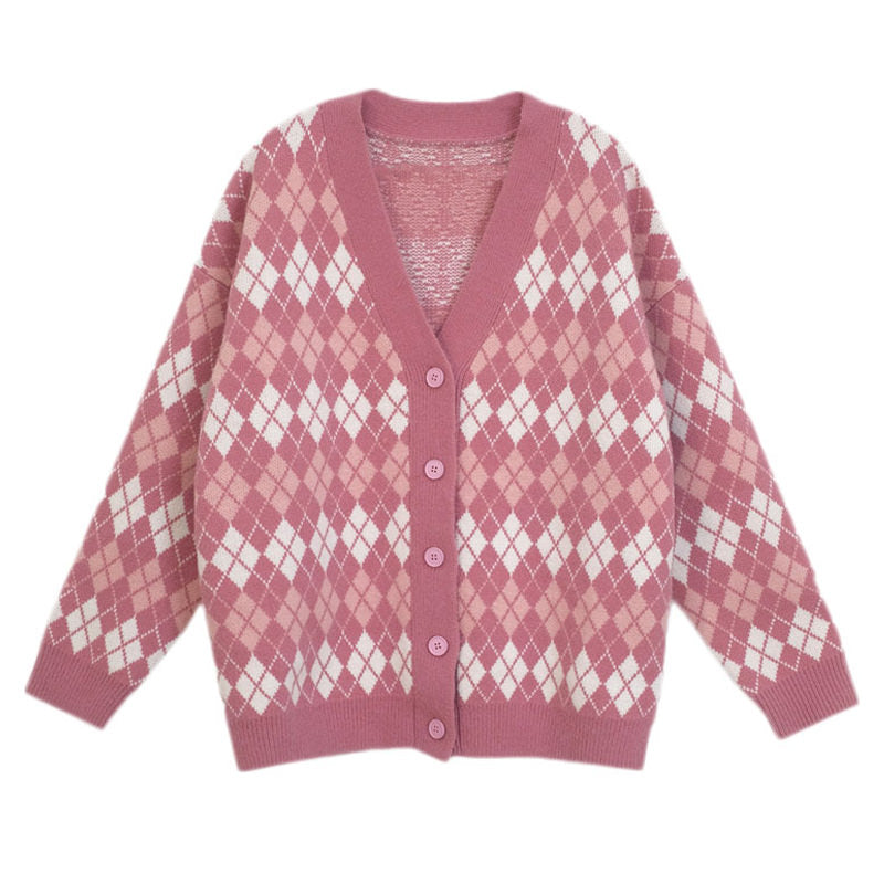 Pink Argyle Knit Cardigan