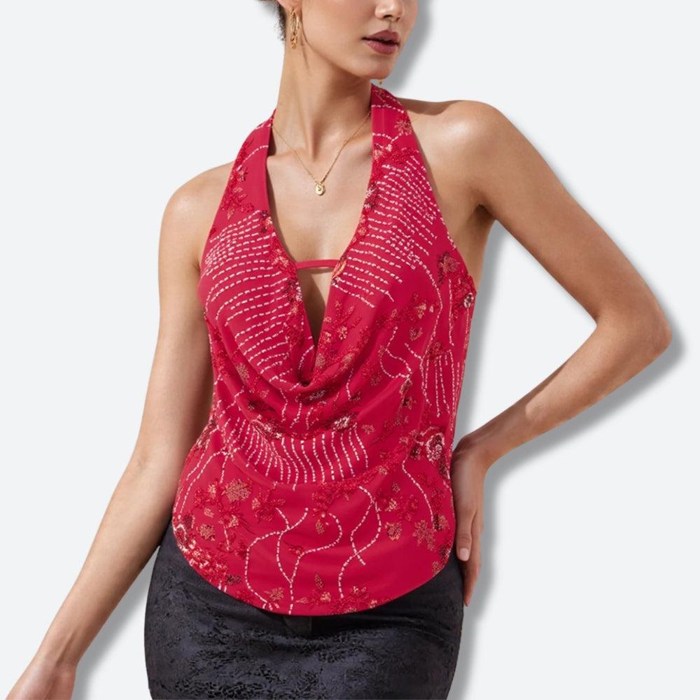 Plunge Neck Sequined Beaded Top