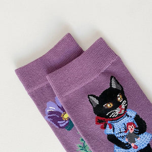 Purple Flower & Cat Aesthetic Socks