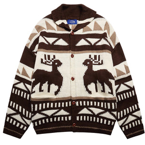 Brown Reindeer Knit Hooded Cardigan