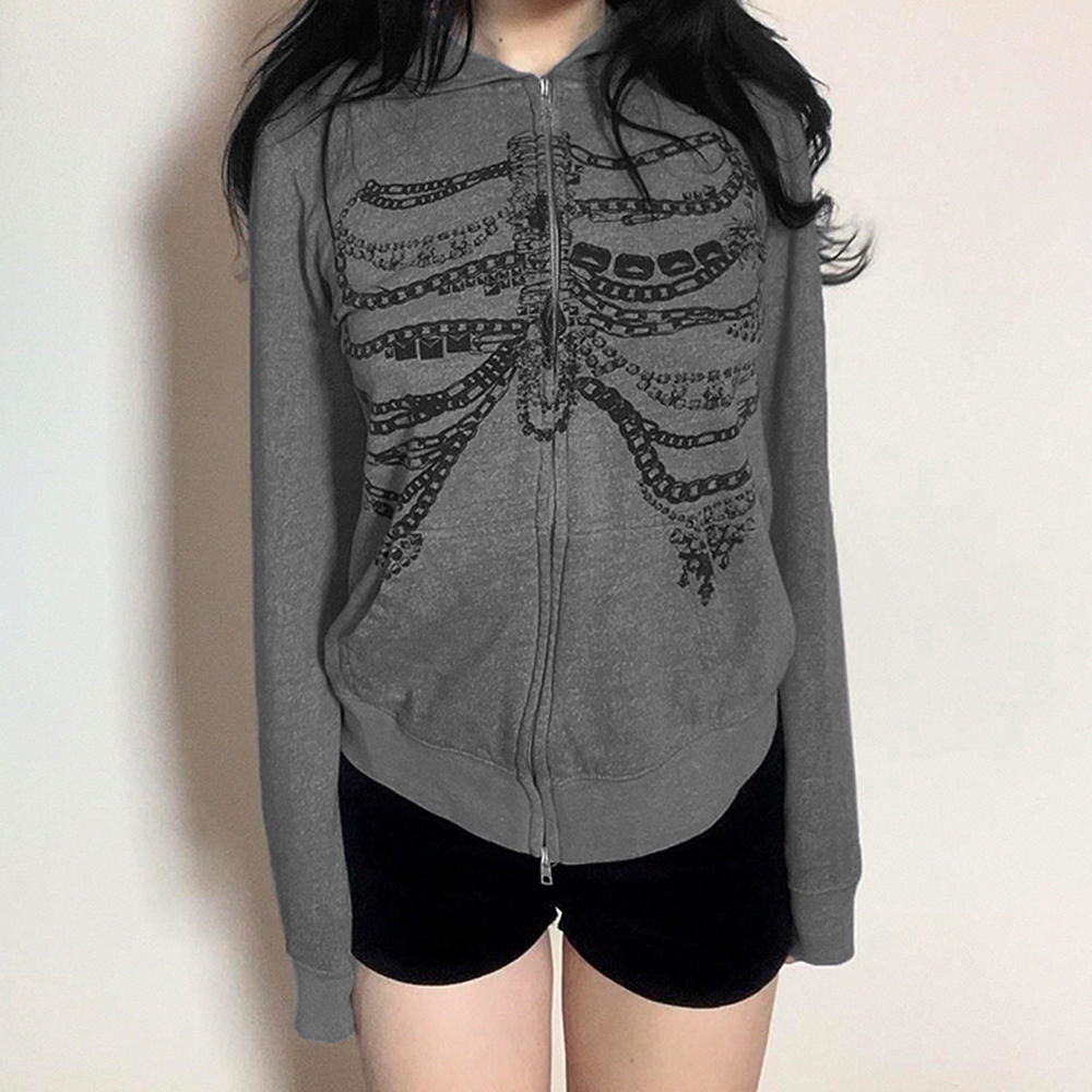 Chain Skeleton Print Grunge Hoodie