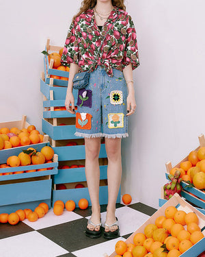 Indie Aesthetic Crochet Flower Denim Shorts