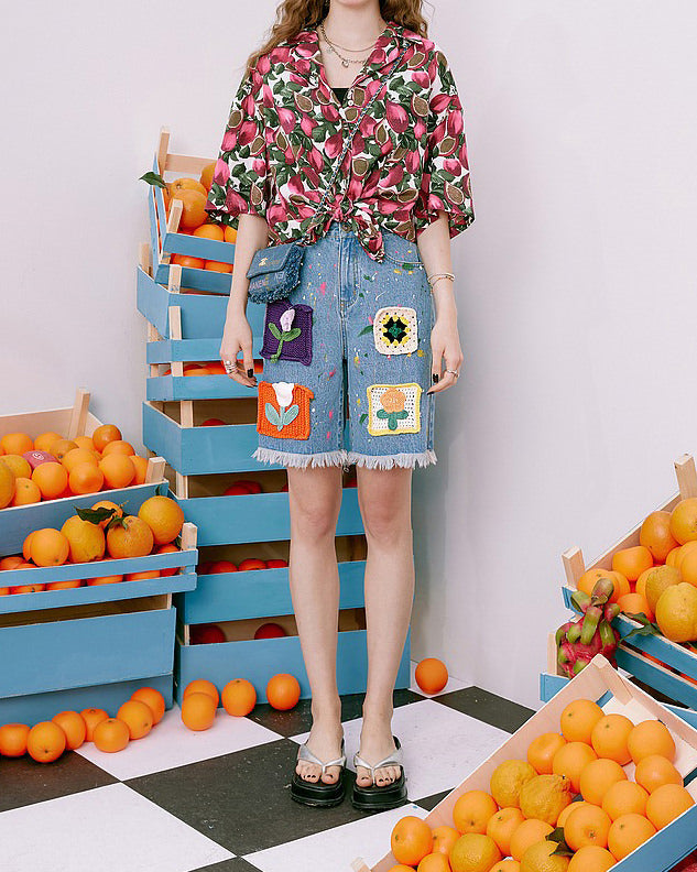 Indie Aesthetic Crochet Flower Denim Shorts