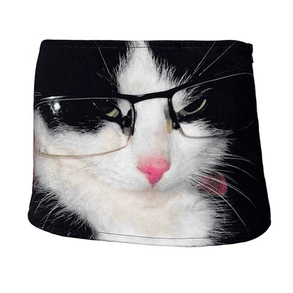 Glasses Cat Print Micro Skirt