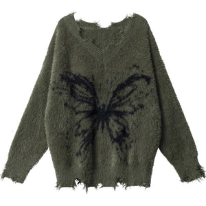 Grunge Butterfly Fuzzy Knit Sweater