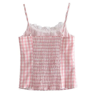 Pink Gingham Lace Trim Cami Top