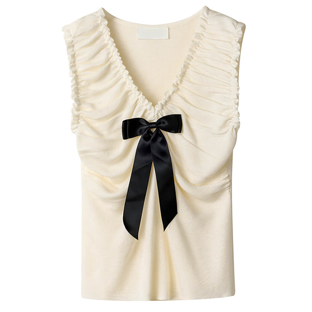 Preppy Ruched Top with Satin Bow