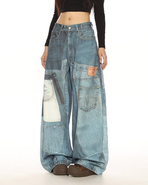 Printed Panel Look Baggy Denim Pants