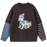 Puppy Print Striped Sleeve Jumper