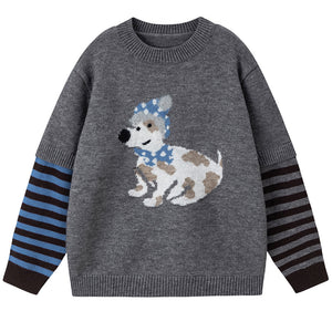 Puppy Print Striped Sleeve Jumper