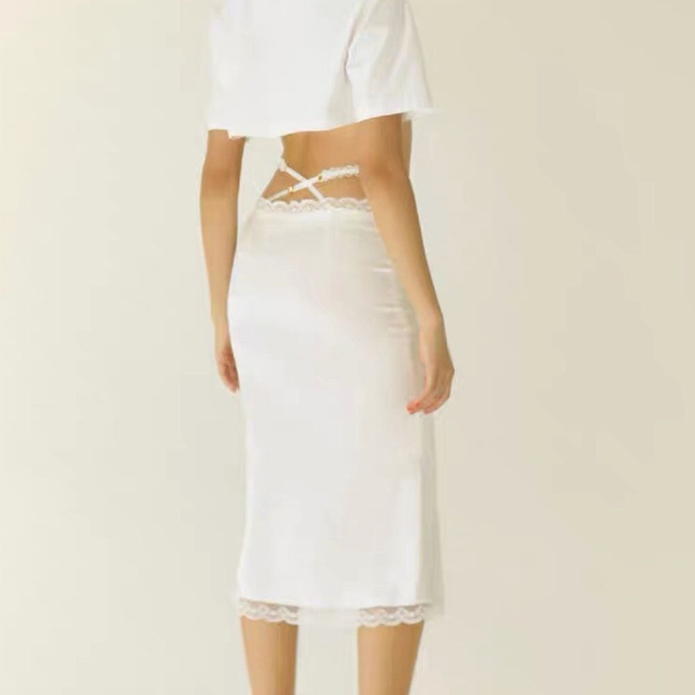 Satin Coquette Bow Lace Midi Skirt