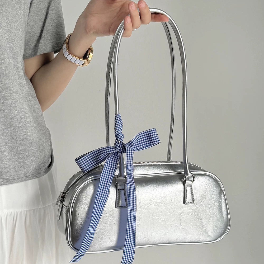 Silver Shoulder Bag with Gingham Bow