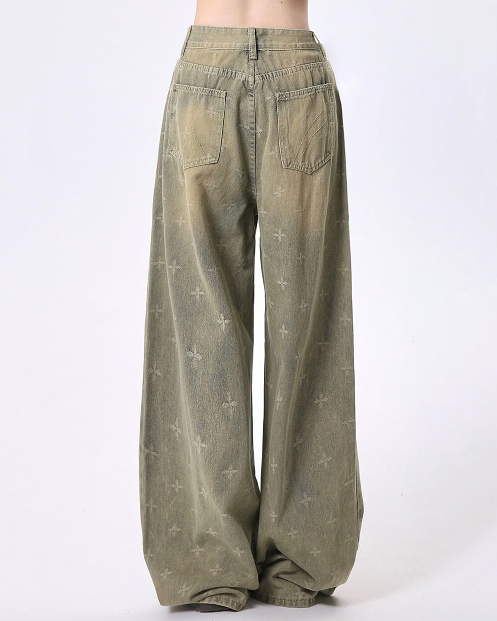 Washed Cross Print Wide Leg Jeans