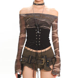 Y2K Camo Off Shoulder Mesh Top